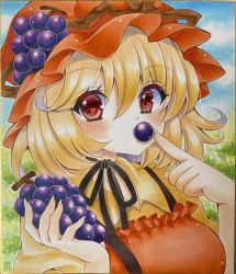 Rule 34 | 1girl, aki minoriko, apron, black choker, black ribbon, blonde hair, blush, border, breasts, choker, day, eating, food, food in mouth, fruit, grapes, hair between eyes, hand up, hat, highres, holding, holding food, index finger raised, large breasts, looking at viewer, masaki (masarin0909), mob cap, mouth hold, orange apron, orange hat, outdoors, red eyes, ribbon, ribbon choker, short hair, solo, touhou, upper body