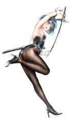 Rule 34 | 1girl, absurdres, animal ears, bare shoulders, black footwear, black leotard, black pantyhose, blue eyes, blue hair, blush, breasts, commentary request, fake animal ears, fishnet pantyhose, fishnets, full body, high heels, highres, holding, holding sword, holding weapon, katana, leg up, leotard, open mouth, original, pantyhose, playboy bunny, rabbit ears, rabbit tail, short hair, simple background, small breasts, smile, solo, sword, tagashiro yui, tail, teeth, upper teeth only, weapon, white background, wrist cuffs