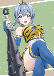 Rule 34 | 1girl, animal print, blue eyes, blue hair, blue thighhighs, blush, cleavage cutout, clothing cutout, club, club (weapon), crossed legs, feet out of frame, gotland (kancolle), hair between eyes, highres, holding, holding weapon, kanabou, kantai collection, kodama (mmt uf), medium hair, mole, mole under eye, open mouth, smile, solo, thighhighs, tiger print, v, weapon