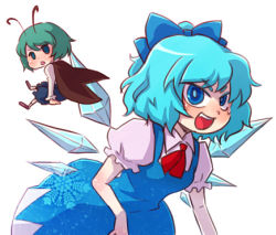 Rule 34 | 2girls, antennae, bow, cape, cirno, female focus, green hair, hair bow, ice, kty (04), lowres, multiple girls, open mouth, touhou, wings, wriggle nightbug