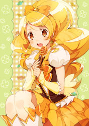 Rule 34 | 10s, 1girl, blonde hair, blush, cure honey, hanokage, happinesscharge precure!, honey, long hair, looking at viewer, magical girl, oomori yuuko, open mouth, ponytail, precure, skirt, solo, wide ponytail, yellow eyes, yellow skirt