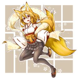 Rule 34 | 1girl, animal ears, blonde hair, breasts, detached sleeves, fox ears, fox tail, japanese clothes, kimono, kimono skirt, kitsune, long hair, looking at viewer, low-tied long hair, multiple tails, open mouth, original, red eyes, ryota tentei, sandals, short eyebrows, simple background, solo, tail, thighhighs, two tails