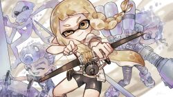 Rule 34 | 1boy, 1other, 2girls, asymmetrical hair, bike shorts, black shorts, blonde hair, bow (weapon), braid, closed mouth, commentary, crab tank (splatoon), drawing bow, eyebrow cut, highres, holding, holding bow (weapon), holding weapon, inkling, inkling girl, inkling player character, long hair, multiple girls, nintendo, octoling, octoling boy, octoling player character, plum0o0, pointy ears, shirt, short sleeves, shorts, smile, splatoon (series), symbol-only commentary, tentacle hair, torn clothes, torn shirt, trizooka (splatoon), uneven eyes, weapon, white shirt, yellow eyes, zipcaster (splatoon)