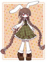 Rule 34 | 1boy, :3, animal ears, black ribbon, boots, border, braid, bright pupils, brown footwear, collared dress, colored skin, dress, flower, frilled dress, frills, full body, funamusea, funamusea (artist), green dress, hair flower, hair ornament, highres, long braid, long hair, looking at viewer, male focus, orange background, outline, patterned background, plaid, plaid dress, pointy ears, prune (funamusea), rabbit ears, rabbit tail, red eyes, red nails, ribbon, sidelocks, smug, solo, standing, tail, thighhighs, trap, twin braids, very long hair, white border, white flower, white outline, white pupils, white skin, white sleeves, white thighhighs