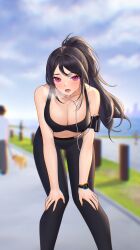 Rule 34 | 1girl, absurdres, arm belt, bare arms, bare shoulders, bent over, black hair, black pants, black sports bra, blurry, blurry background, breasts, crop top, depth of field, earphones, hands on own knees, heavy breathing, highres, large breasts, leggings, long hair, looking at viewer, midriff, navel, open mouth, original, outdoors, pants, pink eyes, ponytail, siun, sleeveless, solo, sports bra, standing, stomach, sweat, watch, wristwatch