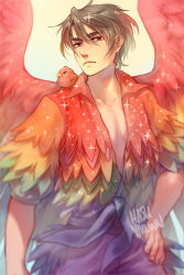 Rule 34 | 10s, 1boy, artist name, bird, black eyes, black hair, feathered wings, hasuyawn, lee seung-gil, male focus, solo, sparkle, upper body, wings, yuri!!! on ice