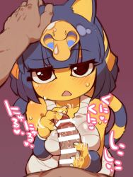 Rule 34 | animal crossing, animal ears, ankha (animal crossing), blunt bangs, body fur, breasts, cat ears, cat girl, dark-skinned male, dark skin, erection, fingernails, furry, furry female, furry with non-furry, hand on another&#039;s head, handjob, heart, highres, interspecies, long fingernails, nintendo, penis, pink background, pov, pov crotch, sharp fingernails, simple background, spoken heart, triangle mouth