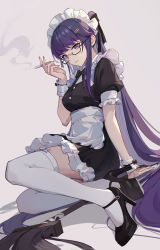 Rule 34 | 1girl, absurdres, apron, black dress, black footwear, breasts, cigarette, closed mouth, dress, garter straps, glasses, hair ornament, hairclip, high heels, highres, holding, holding cigarette, lance (lancelliu), long hair, looking at viewer, maid headdress, mary janes, original, shoes, short sleeves, simple background, smoke, solo, strappy heels, thighhighs, thighs, white apron, white background, white headwear, white thighhighs