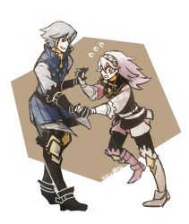 Rule 34 | 1boy, 1girl, 2016, armor, armored boots, artist name, boots, dancing, european clothes, father and daughter, fire emblem, fire emblem fates, green hair, highres, inigo (fire emblem), killuba, laslow (fire emblem), long sleeves, nintendo, pink hair, signature, simple background, soleil (fire emblem)