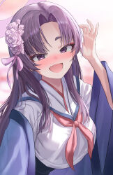 Rule 34 | 1girl, absurdres, blue archive, blush, eyeshadow, fang, flower, gisi (gicgic draw), hair flower, hair ornament, halo, haori, highres, japanese clothes, long hair, long sleeves, looking at viewer, makeup, neckerchief, open mouth, pink flower, purple eyes, purple hair, purple halo, red eyeshadow, red neckerchief, sailor collar, school uniform, skin fang, smile, solo, upper body, white sailor collar, wide sleeves, yukari (blue archive)