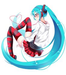 Rule 34 | 1girl, 2016, absurdly long hair, between legs, blue hair, blush, dated, floating hair, frilled skirt, frills, from side, glasses, hair ornament, hand between legs, hatsune miku, headphones, hood, hooded jacket, jacket, long hair, miniskirt, red-framed eyewear, red skirt, simple background, skirt, smile, solo, striped clothes, striped thighhighs, thighhighs, timins, twintails, very long hair, vocaloid, white background, white jacket