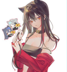 Rule 34 | 0 (znanimo), 2girls, animal ears, arknights, bare shoulders, black camisole, black hair, breasts, brown collar, camisole, chibi, chibi inset, cleavage, collar, collarbone, commentary, commentary request, crop top, english commentary, hair between eyes, hair ornament, hairclip, hands in own hair, head tilt, heart, highres, holding, holding sign, jacket, lappland (arknights), light blush, long hair, long sleeves, looking at viewer, milestone celebration, mixed-language commentary, multicolored hair, multiple girls, off shoulder, orange eyes, parted lips, purple eyes, red hair, red jacket, sign, simple background, spaghetti strap, strap slip, streaked hair, texas (arknights), upper body, white background, wolf ears, wolf girl