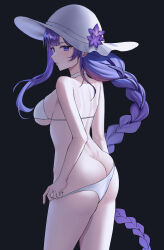 Rule 34 | 1girl, absurdres, alternate costume, ass, back, bikini, bikini pull, black background, black nails, blunt bangs, blush, braid, breasts, butt crack, choker, clothes pull, cowboy shot, flower, from behind, from side, genshin impact, hat, hat flower, highres, long hair, looking at viewer, looking back, low-braided long hair, low-tied long hair, median furrow, medium breasts, mole, mole under eye, nail polish, parted lips, pulling own clothes, purple eyes, purple hair, raiden shogun, sicle, solo, standing, string bikini, sun hat, swimsuit, white bikini, white choker, white hat