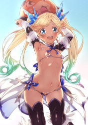 Rule 34 | 10s, 1girl, :d, absurdres, areola slip, armpits, arms up, ball, bikini, black thighhighs, blonde hair, blue bow, blue bowtie, blue eyes, bow, bowtie, commentary request, cowboy shot, dark-skinned female, dark skin, flat chest, foreshortening, gradient background, gradient hair, granblue fantasy, green eyes, groin, hair ornament, highres, holding, io (granblue fantasy), leg up, legs apart, long hair, looking at viewer, micro bikini, multicolored hair, navel, niko (tama), open mouth, parted bangs, red hair, running, shiny clothes, shiny skin, smile, solo, stomach, swimsuit, tareme, thighhighs, twintails, very long hair, vyrn (granblue fantasy), waist cape, white bikini