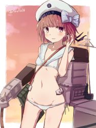 Rule 34 | 10011018, 1girl, anchor, bikini, blush, bow, brown eyes, brown hair, character name, clothes writing, cowboy shot, flat chest, groin, hair bow, hat, highres, holding, holding weapon, kantai collection, looking at viewer, machinery, navel, outside border, parted lips, sailor bikini, sailor collar, sailor hat, short hair, side-tie bikini bottom, sketch, smiley face, solo, standing, striped, striped bow, swimsuit, tucking hair, twitter username, weapon, white bikini, white hat, z3 max schultz (kancolle)