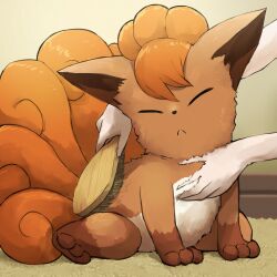 Rule 34 | 1other, :&lt;, absurdres, blurry, blurry background, brushing, closed eyes, closed mouth, commentary request, creatures (company), game freak, gen 1 pokemon, hair brush, highres, holding, holding hair brush, holding pokemon, indoors, nintendo, pokemon, pokemon (creature), sitting, spicyichizo, vulpix