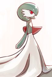 Rule 34 | 1girl, artist name, bob cut, closed mouth, colored skin, creatures (company), female focus, flat chest, from side, full body, game freak, gardevoir, gen 3 pokemon, green hair, green skin, happy, highres, multicolored skin, nintendo, pokemon, pokemon (creature), profile, red eyes, short hair, signature, simple background, smile, solo, standing, tsukkon, twitter username, two-tone skin, white background, white skin
