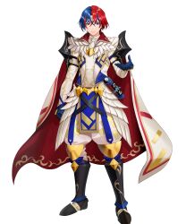 Rule 34 | 1boy, alear (engaging fire) (fire emblem), black footwear, blue eyes, blue gloves, blue hair, circlet, fire emblem, fire emblem engage, gloves, heterochromia, highres, looking at viewer, mikurou (nayuta), nintendo, non-web source, official alternate costume, pelvic curtain, reaching, reaching towards viewer, red eyes, red hair, scroll, smile, solo