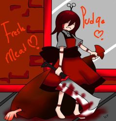 Rule 34 | 1girl, acyo, bag, butcher, butcher knife, defense of the ancients, dota (series), dress, food, gender request, genderswap, jpeg artifacts, meat, pudge (dota 2), red dress, red hair, stitches, yandere