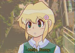 Rule 34 | 1990s (style), 1boy, basil (omori), blonde hair, blush, collared shirt, english text, flower, green vest, hair flower, hair ornament, highres, looking at viewer, omori, open mouth, parody, pink flower, resolution mismatch, retro artstyle, self-upload, shirt, solo, source smaller, style parody, subtitled, vest, vhs artifacts, white shirt, ximxam