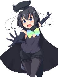 Rule 34 | 1girl, absurdres, antennae, bird girl, bird tail, bird wings, black cape, black gloves, black hair, black hat, black pantyhose, black shirt, black shorts, blue eyes, blush, bow, bowtie, cabbie hat, cape, elbow gloves, gloves, hair between eyes, hat, head wings, highres, kemono friends, open mouth, outstretched arms, pantyhose, rainbow neckwear, reaching, reaching towards viewer, shiraha maru, shirt, short hair, shorts, simple background, sleeveless, solo, tail, western parotia (kemono friends), white background, wings