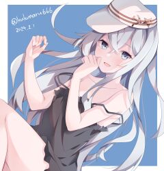 Rule 34 | 1girl, black camisole, blue eyes, blush, camisole, collarbone, dated, feet out of frame, grey hair, hair between eyes, hammer and sickle, hat, hibiki (kancolle), kantai collection, kukimaru, long hair, open mouth, smile, solo, thighs, twitter username, verniy (kancolle), white hat