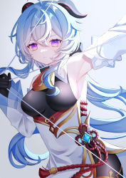 Rule 34 | &gt;:(, 1girl, absurdres, ahoge, armpits, bell, black gloves, blue hair, bow (weapon), breasts, chinese knot, detached sleeves, drawing bow, flower knot, ganyu (genshin impact), genshin impact, gloves, gold trim, highres, holding, holding bow (weapon), holding weapon, horns, long hair, looking at viewer, low ponytail, medium breasts, mochi mochi052, neck bell, purple eyes, sideboob, sidelocks, solo, tassel, v-shaped eyebrows, vision (genshin impact), weapon, white sleeves
