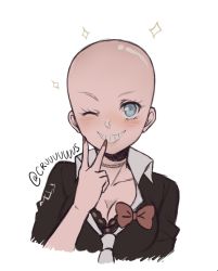 Rule 34 | 1girl, alternate hairstyle, bald, bald girl, black bra, black choker, black shirt, blue eyes, blush, bow, bra, choker, collarbone, commentary, criis-chan, cropped shoulders, danganronpa: trigger happy havoc, danganronpa (series), english commentary, enoshima junko, finger to mouth, grin, hand up, looking at viewer, nail polish, one eye closed, red bow, red nails, shirt, simple background, smile, solo, sparkle, twitter username, underwear, v, white background