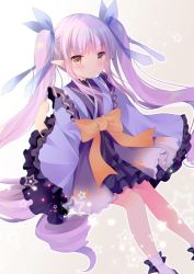 Rule 34 | 1girl, blue ribbon, blush, bow, brown bow, brown eyes, commentary request, frilled sleeves, frills, gradient background, grey background, hair ribbon, hand up, japanese clothes, kimono, kyoka (princess connect!), long hair, long sleeves, looking at viewer, pointy ears, princess connect!, purple hair, purple kimono, ribbon, ringlets, see-through, shirogane hina, sidelocks, sleeves past fingers, sleeves past wrists, socks, solo, star (symbol), starry background, twintails, v-shaped eyebrows, very long hair, white background, white socks, wide sleeves