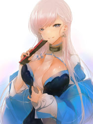 Rule 34 | 1girl, adapted costume, azur lane, belfast (azur lane), belfast (iridescent rosa) (azur lane), belfast (iridescent rosa) (azur lane), blue eyes, braid, breasts, chinese clothes, cleavage, earrings, folded fan, folding fan, french braid, hand fan, highres, holding, holding fan, jewelry, large breasts, long hair, looking at viewer, peanutc, ring, silver hair, smile, solo, upper body