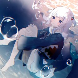 Rule 34 | 1girl, barefoot, blue eyes, blue hair, blue hoodie, blue nails, blunt bangs, blush, bubble, fins, fish tail, gawr gura, hair ornament, holding leg, holding legs, hololive, hololive english, holomyth, hood, hoodie, looking at viewer, mozukusupiyo, multicolored hair, nail polish, shark girl, shark hair ornament, shark tail, short twintails, solo, streaked hair, tail, twintails, underwater, virtual youtuber, white hair