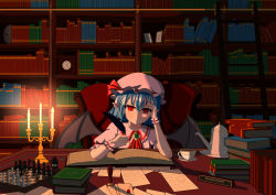 Rule 34 | 1girl, absurdres, ascot, bad proportions, bat wings, blue hair, book, book stack, bookshelf, brooch, candle, candlelight, candlestand, chair, character name, chessboard, clock, closed mouth, commentary request, cup, dress, expressionless, frilled shirt collar, frills, hair between eyes, hand on forehead, hat, hat ribbon, hexagram, highres, holding, holding quill, inkwell, jewelry, jojo no kimyou na bouken, looking down, paper, pink dress, pink hat, pointy ears, puffy short sleeves, puffy sleeves, quill, red ascot, red eyes, red ribbon, remilia scarlet, ribbon, saucer, sessei (pksx8824), short hair, short sleeves, sitting, slit pupils, solo, star of david, stone mask (jojo), tea, teacup, teapot, touhou, upper body, wings, wrist cuffs, writing