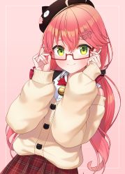 Rule 34 | 1girl, 35p (sakura miko), absurdres, bell, blush, brown cardigan, brown hat, cardigan, closed mouth, commentary request, flower, glasses, green eyes, hair between eyes, hair flower, hair ornament, hat, highres, hololive, jingle bell, long hair, long sleeves, looking at viewer, neck bell, pink hair, plaid, plaid skirt, puffy long sleeves, puffy sleeves, red skirt, sakura miko, sakura miko (casual), semi-rimless eyewear, shirt, skirt, smile, solo, tomozu, twintails, upper body, very long hair, virtual youtuber, white shirt