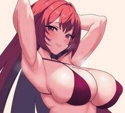 Rule 34 | 1girl, armpits, arms up, bikini, blush, breasts, commission, gradient background, grin, hair between eyes, highres, large breasts, long hair, looking at viewer, neinlol, original, purple bikini, red eyes, red hair, sideboob, simple background, skindentation, smile, solo, steam, swimsuit, underboob, upper body, very long hair
