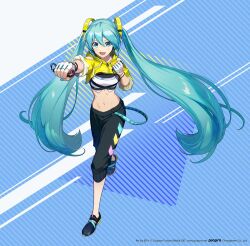 Rule 34 | 1girl, aqua eyes, aqua hair, aqua nails, bare shoulders, black footwear, black pants, blue background, boxing, clenched hands, clothing cutout, commentary, controller, cropped jacket, crypton future media, fingerless gloves, fitness boxing, foreshortening, full body, game controller, gloves, hair ornament, handheld game console, hatsune miku, holding, holding controller, holding game controller, holding handheld game console, iwato1712, jacket, joy-con, lanyard, light smile, long hair, midriff, nail polish, navel, nintendo switch, official art, open mouth, outstretched arm, pants, piapro, shoulder cutout, solo, sports bra, standing, standing on one leg, striped, striped background, track pants, twintails, v-shaped eyebrows, very long hair, vocaloid, white gloves, yellow jacket