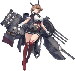Rule 34 | 1girl, black skirt, breasts, brown hair, capelet, chain, coat, flipped hair, full body, gloves, green eyes, grin, headband, headgear, highres, kantai collection, large breasts, looking at viewer, mutsu (kancolle), mutsu kai ni (kancolle), official art, pleated skirt, red thighhighs, rigging, rudder footwear, searchlight, shizuma yoshinori, short hair, simple background, skirt, smile, smokestack, solo, thighhighs, transparent background, turret, white background, white gloves