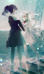 Rule 34 | 25-ji miku, 2girls, aqua eyes, asahina mafuyu, barefoot, beach, black sweater, bloom, chest harness, commentary, curly hair, dress, frilled dress, frills, glint, grey skirt, hair between eyes, harness, hatsune miku, highres, holding, holding hands, holding shoes, light particles, loafers, looking at another, mochigome 23, multiple girls, neck ribbon, neckerchief, ocean, pink eyes, pleated skirt, ponytail, project sekai, purple hair, red neckerchief, red ribbon, ribbon, ripples, shoes, unworn shoes, skirt, smile, splashing, standing, sweater, swept bangs, truss, twintails, vocaloid, waves, white dress