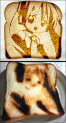 Rule 34 | 1girl, bread, bread slice, comparison, derivative work, detached sleeves, emurin, expectations/reality, failure, food, food art, food art (medium), hatsune miku, long hair, necktie, no nose, open mouth, pareidolia, photo (medium), photo inset, plate, reference photo, reference work, scorch marks, the bread art project, toast, twintails, unconventional media, vocaloid