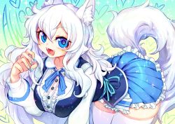Rule 34 | 1girl, :d, absurdres, animal ear fluff, animal ears, aqua nails, blue eyes, blue skirt, breasts, buttons, center frills, fangs, fingernails, frills, hair between eyes, heart, highres, ifelt (tamaki zutama), indie virtual youtuber, large breasts, long sleeves, looking at viewer, lumi (merryweather), nail polish, open mouth, sharp fingernails, skirt, smile, solo, tail, thighhighs, virtual youtuber, white hair, white thighhighs, wolf ears, wolf girl, wolf tail