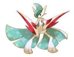 Rule 34 | animal focus, cape, colored skin, commentary request, creatures (company), gallade, game freak, gen 4 pokemon, green hair, mega evolution, mega gallade, mega pokemon, nintendo, no humans, pokemon, pokemon (creature), red eyes, simple background, solo, towa (clonea), white background, white cape, white skin