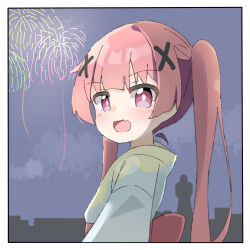 Rule 34 | 1girl, :d, aerial fireworks, blue kimono, blush, cloud, commentary request, fang, fireworks, from side, hair ornament, highres, japanese clothes, kapuru 0410, kimono, long hair, looking at viewer, looking to the side, night, night sky, obi, open mouth, red hair, sash, sidelocks, sky, smile, solo, tanemura koyori, twintails, upper body, very long hair, watashi ni tenshi ga maiorita!, x hair ornament