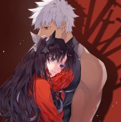 Rule 34 | 1boy, 1girl, archer (fate), bare arms, bare shoulders, black hair, blue eyes, bow, brown eyes, dark-skinned male, dark skin, fate/stay night, fate (series), flower, grey hair, hair bow, highres, hug, light, long hair, parted lips, red flower, red sweater, shimatori (sanyyyy), shirt, short hair, sweater, teeth, tohsaka rin, twintails, upper body, white hair
