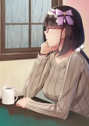 Rule 34 | 1girl, bad id, bad pixiv id, black hair, bow, breasts, casual, cup, fate/grand order, fate (series), glasses, hairband, head rest, indoors, large breasts, long hair, long sleeves, osakabehime (fate), profile, purple bow, rain, red-framed eyewear, red eyes, ribbed shirt, shirt, solo, steam, umihotaru harumare, window