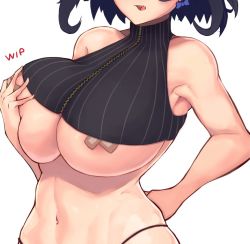 Rule 34 | 1girl, armpits, bandaid, bandaids on nipples, bare shoulders, blue hair, breasts, grabbing own breast, hand on own hip, hololive, hololive english, holomyth, huge breasts, navel, open mouth, ouro kronii, pasties, short hair, sleeveless, solo, stomach, tentopus, thong, toned, underboob, virtual youtuber, white background