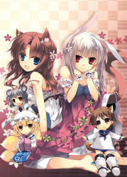 Rule 34 | 5girls, :d, animal ears, barefoot, blonde hair, blue eyes, breasts, brown eyes, brown hair, rabbit ears, cat ears, cat tail, chibi, cleavage, crossover, detached sleeves, dog ears, dog tail, fox ears, fox tail, frills, hair ornament, hat, long hair, miyafuji yoshika, mizuki (hmndk), mizuki (pixiv2254368), mob cap, mouse ears, multiple girls, nazrin, open mouth, original, outstretched arms, red eyes, school uniform, serafuku, short hair, silver hair, sitting, small breasts, smile, spread arms, strike witches, tail, touhou, world witches series, wrist cuffs, yakumo ran, yellow eyes