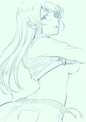 Rule 34 | 10s, 1girl, ayase eli, bad id, bad twitter id, breasts, clothes lift, hair down, highres, looking at viewer, looking back, love live!, love live! school idol project, medium breasts, monochrome, shirt lift, simple background, sketch, solo, underboob, undressing, yukiiti