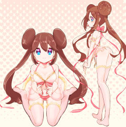 Rule 34 | 1girl, babydoll, blue eyes, bow, bra, brown hair, candy, chorimokki, creatures (company), double bun, food, game freak, hair bun, heart, heart background, lingerie, lollipop, long hair, looking at viewer, mouth hold, multiple views, nintendo, pink bow, pink theme, pink thighhighs, pokemon, pokemon bw2, rosa (pokemon), see-through, smile, thighhighs, twintails, underwear, very long hair