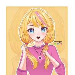 Rule 34 | 1girl, :d, absurdres, almandynbc, blonde hair, blue eyes, breasts, happy, highres, holding, holding hair, ibispaint (medium), jewelry, locket, long sleeves, multicolored hair, necklace, open mouth, pendant, pink hair, pink shirt, polly pocket, polly pocket (character), shirt, small breasts, smile, streaked hair, twintails, username tag, yellow background