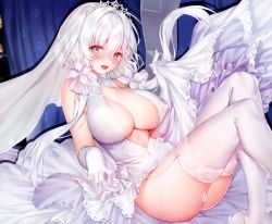 Rule 34 | 1girl, absurdres, ass, azur lane, blue eyes, blush, breasts, bridal veil, cleavage cutout, clothing cutout, cropped, dress, elbow gloves, garter straps, gloves, hair ornament, highres, hip focus, illustrious (azur lane), illustrious (morning star of love and hope) (azur lane), large breasts, long hair, looking at viewer, low twintails, mole, mole under eye, non-web source, obiwan, open mouth, scan, solo, thighhighs, thighs, tiara, twintails, veil, wedding dress, white dress, white gloves, white hair, white thighhighs