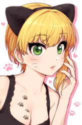 Rule 34 | 1girl, animal ears, asymmetrical hair, bad id, bad twitter id, black camisole, blonde hair, breasts, camisole, cat ears, cleavage, commentary, earrings, eyelashes, facial mark, fake animal ears, green eyes, hairband, heart, heart earrings, idolmaster, idolmaster cinderella girls, jewelry, looking at viewer, miyamoto frederica, omaru gyuunyuu, parted lips, paw print, ring, short hair, simple background, solo, upper body, whisker markings
